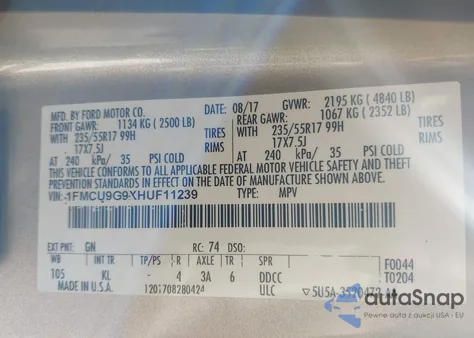 2017 Ford Escape Se z USA, uszkodzony, nr VIN 1FMCU9G9XHUF11239